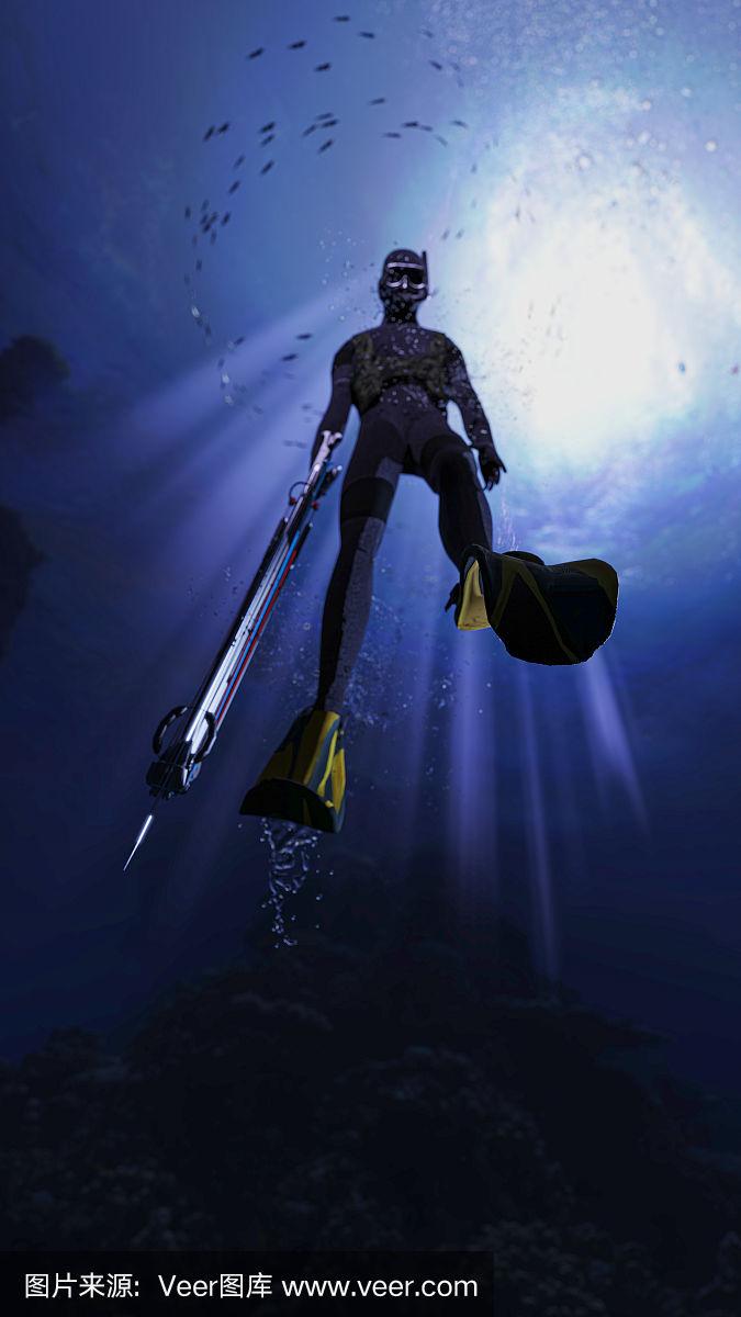 鱼叉捕鱼潜水员在有效的灯光下持有他的鱼叉枪从底部3d渲染视图