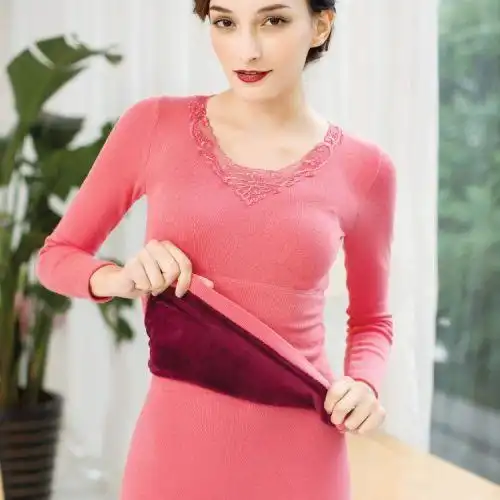 海林v领保暖花边领秋冬套装女士保暖内衣加绒加厚美体秋衣秋裤