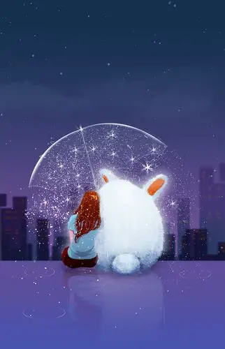 治愈儿童插画星空梦幻孤独伤感小熊女孩卑微寂寞