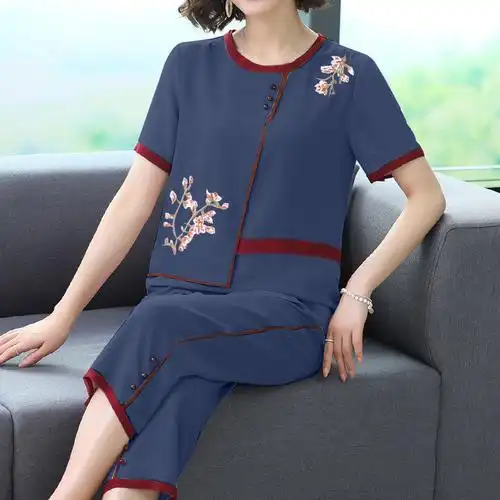 cityclover夏装2020新款刺绣套装妈妈中老年女装民族风休闲套装