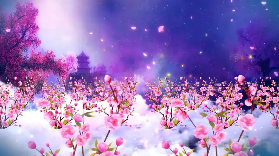 4k唯美梦幻中国风紫色飘落桃花仙境云海桃花背景mp4