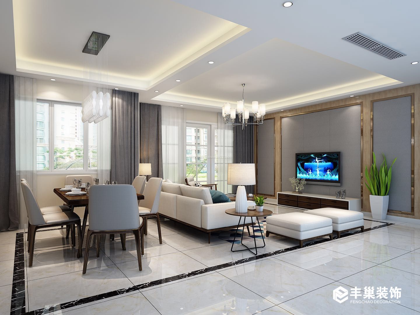 2018现代简约风格跃层客厅餐厅一体设计效果图_装修123效果图