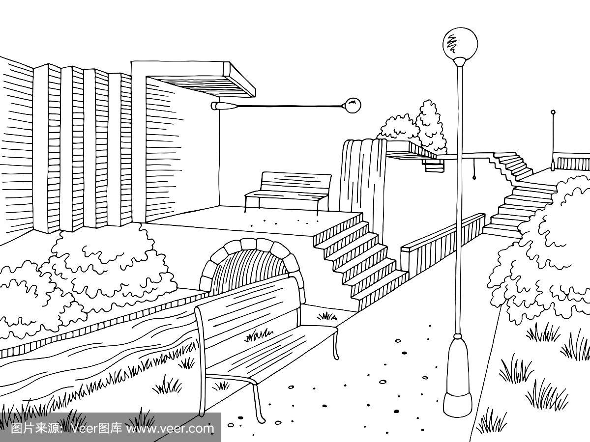 公园图形黑白景观素描插图矢量