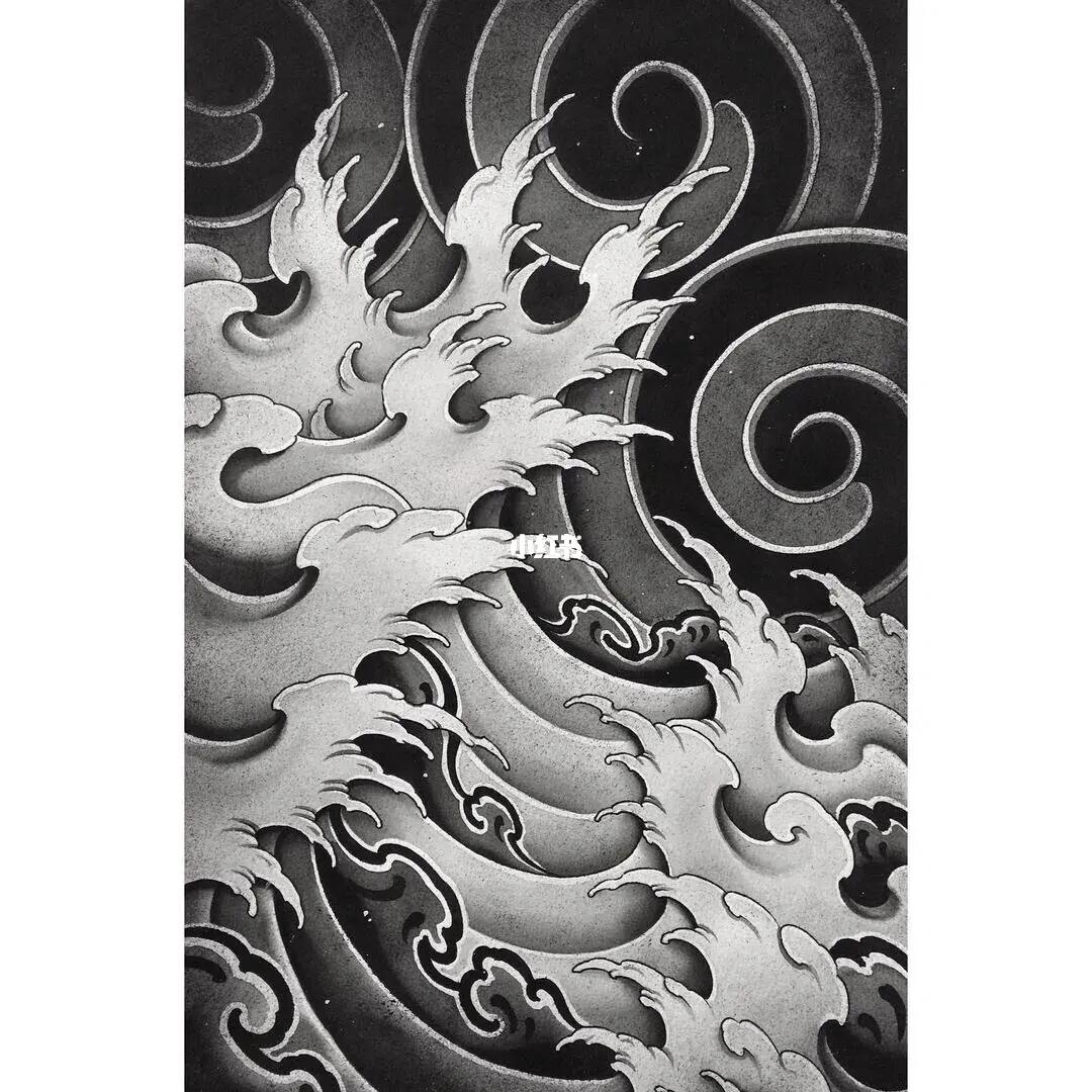 传统黑灰浪臂手稿分享_百世广场攻略_纹身_樱花_花臂_水浪花臂纹身_美