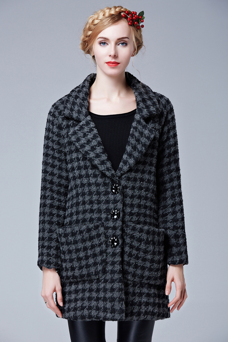 同款千鸟格大衣外套女冬装千鸟格毛呢大衣 黑灰色 m【图片 价格 品牌