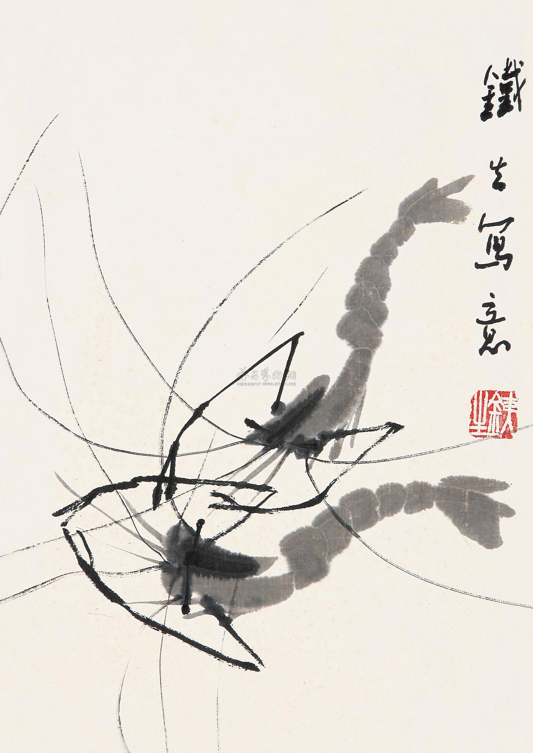 0777墨虾镜片水墨纸本