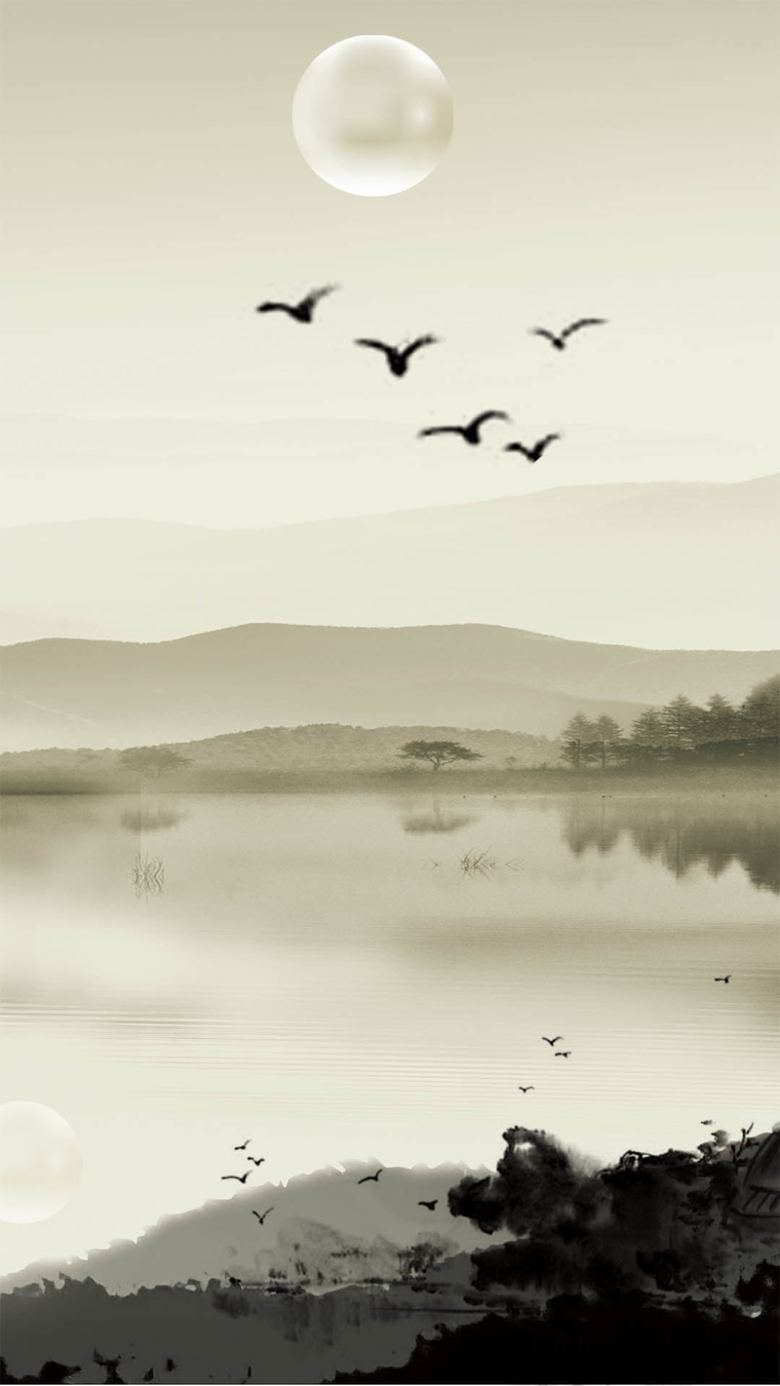 中国风水墨山水画psd分层h5背景