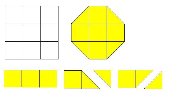 一个正八边形切5块,拼成一个长方形,如何拼?