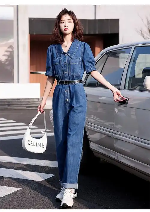 高个子女生牛仔连体裤牛子休闲连衣裤夏季修身复古牛仔直筒裤 蓝色 s