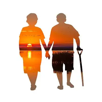 浪漫夕阳西下老人剪影手牵手漫步人物剪影png素材