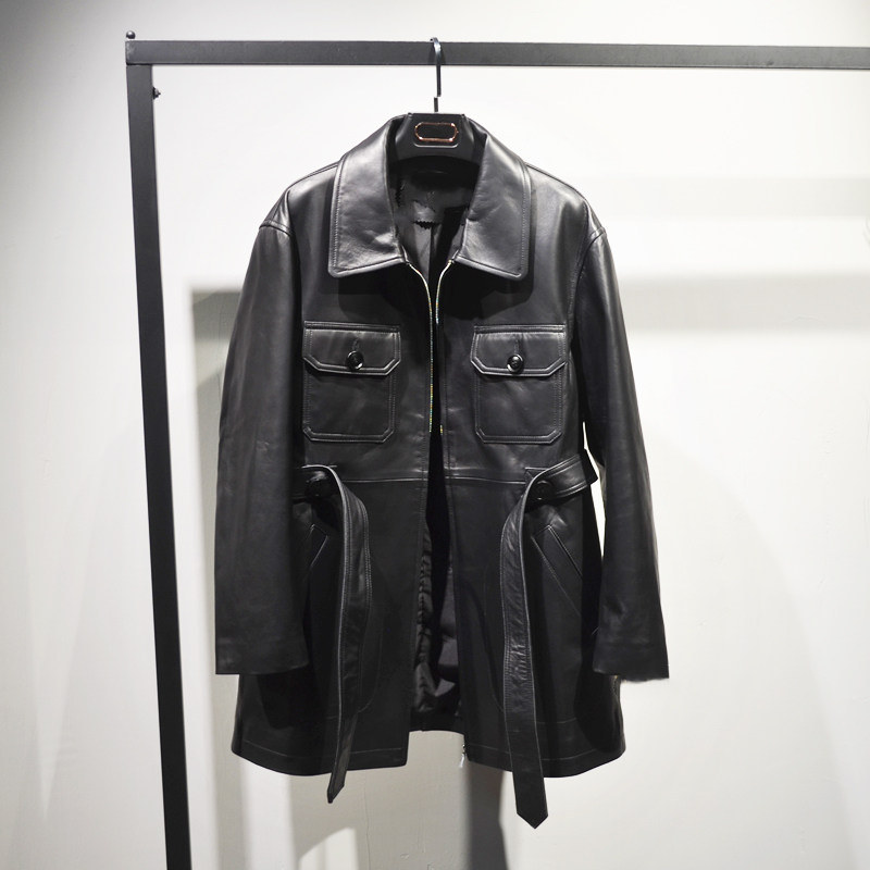 真皮皮衣绵羊皮外套皮衣外套女黑色机中长款上衣风衣宋慧乔同款