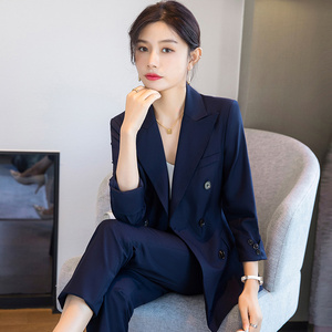 蓝色西装套装女秋季高端气质女神范职业正装酒店经理面试西服外套