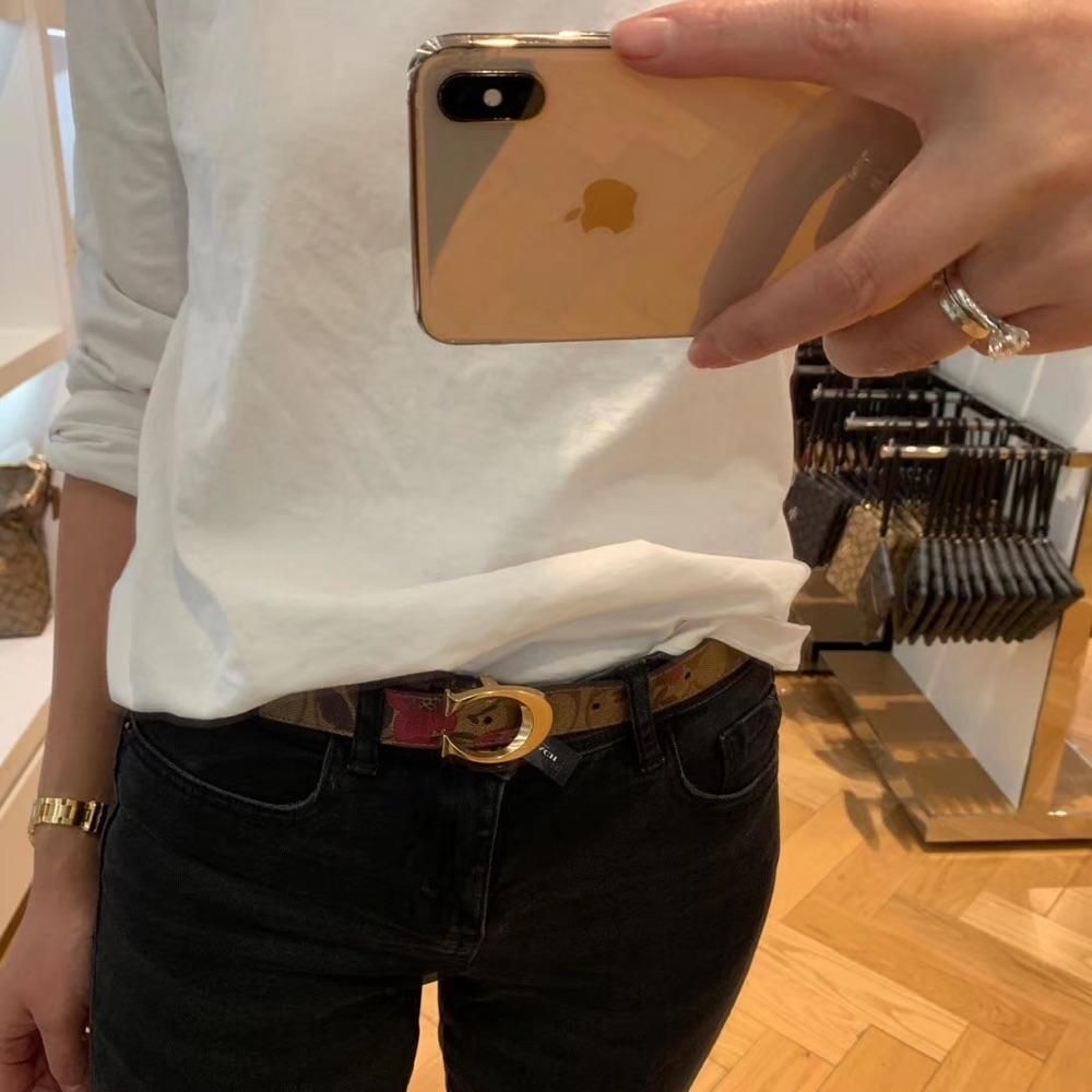 代购coach蔻驰皮带女士新款马车标真皮腰带窄版双面c扣礼盒装马车标