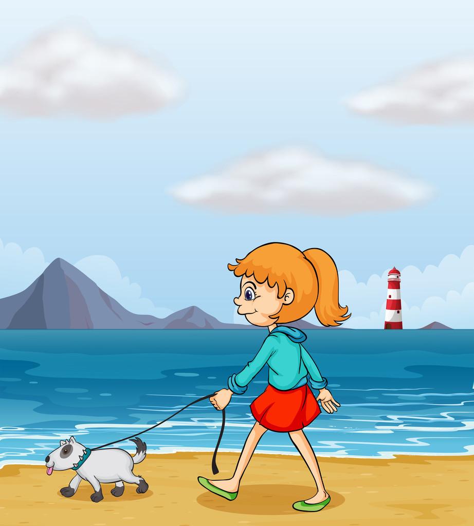 一只小狗一起在海滩漫步一个女孩