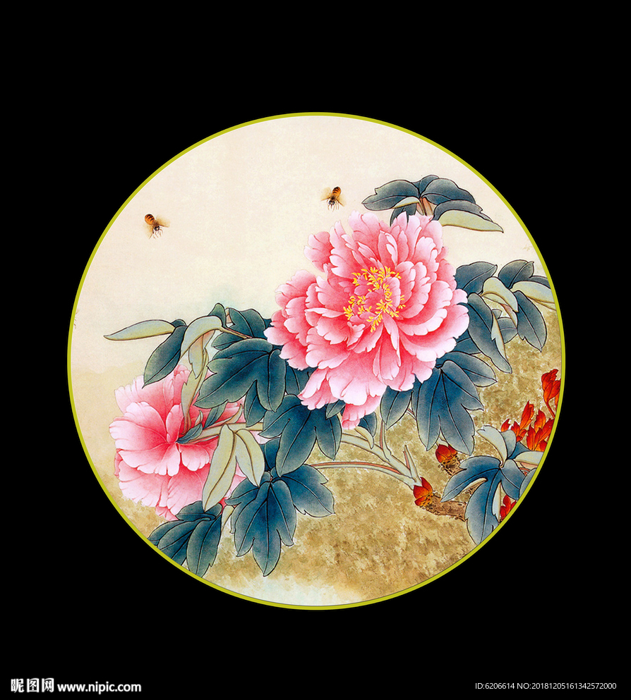 工笔牡丹圆形画图片