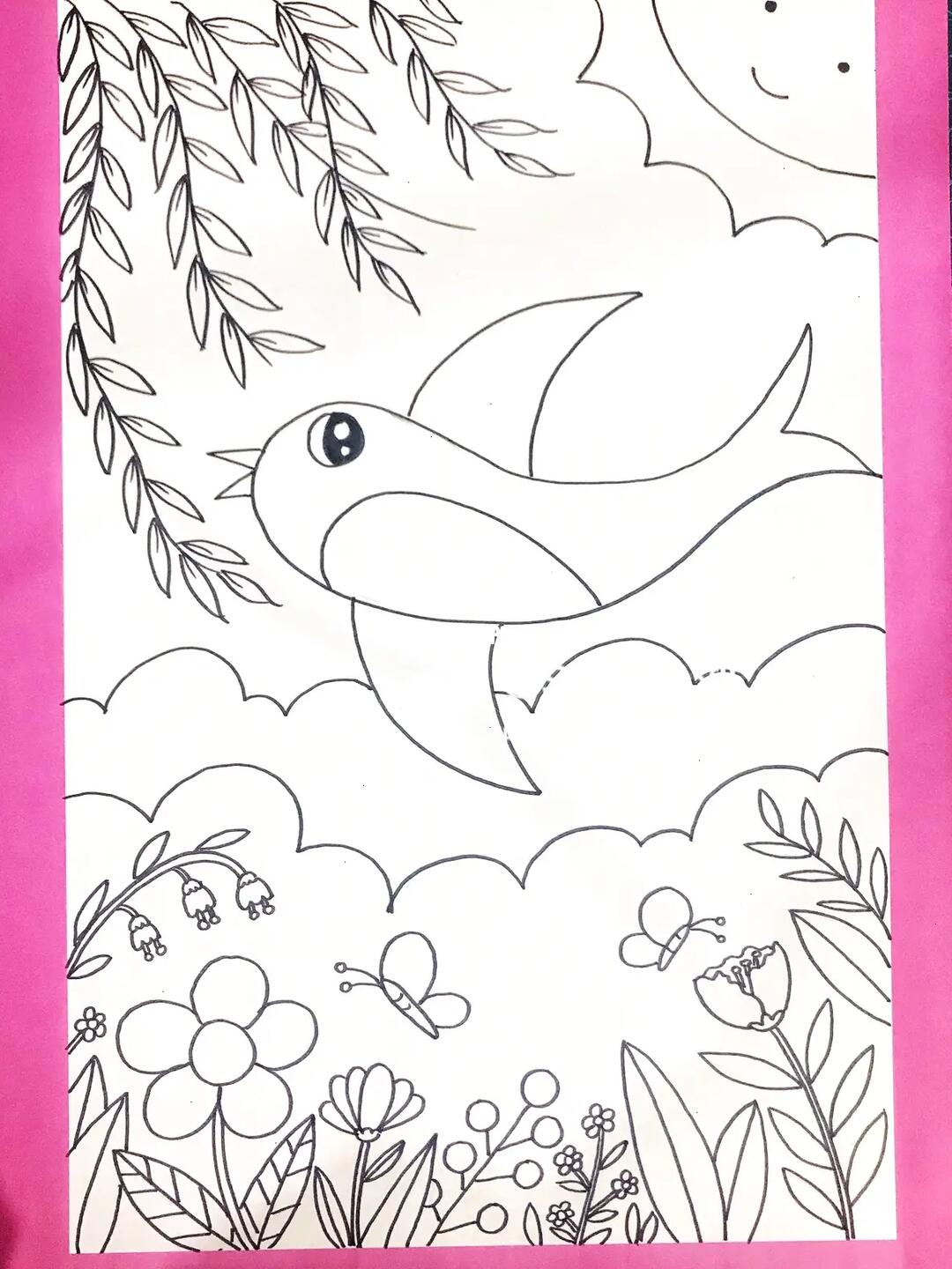 春天主题儿童画燕子来了柳树简笔画附线稿