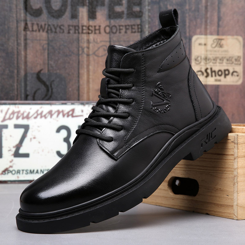 秋冬新款牛皮休闲男士靴子厚底圆头保暖冬季高帮加绒黑色棉鞋皮靴