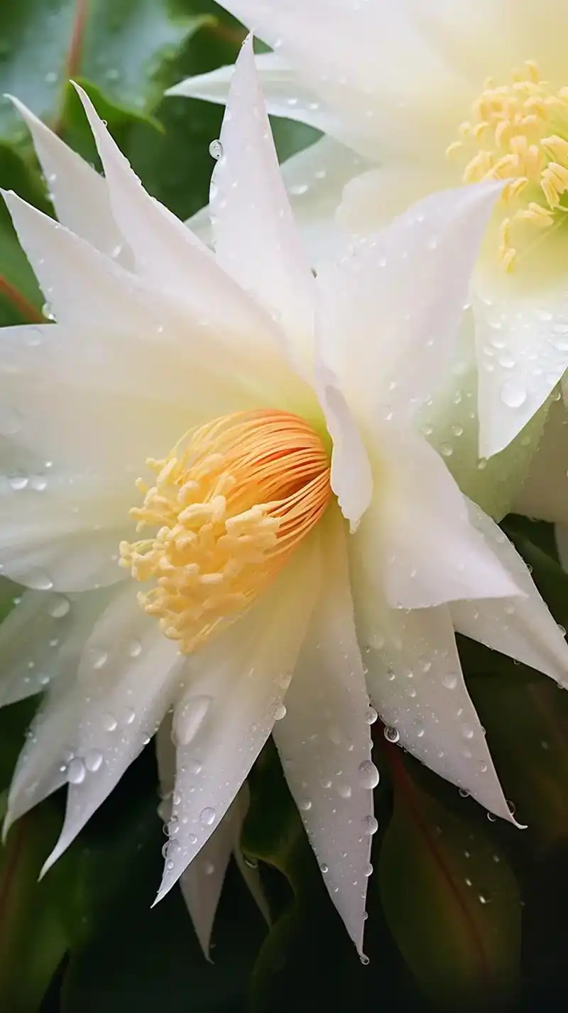 花园,一株昙花盛开,花朵洁白无瑕,花蕊淡黄,露珠,清晰真实, - 抖音