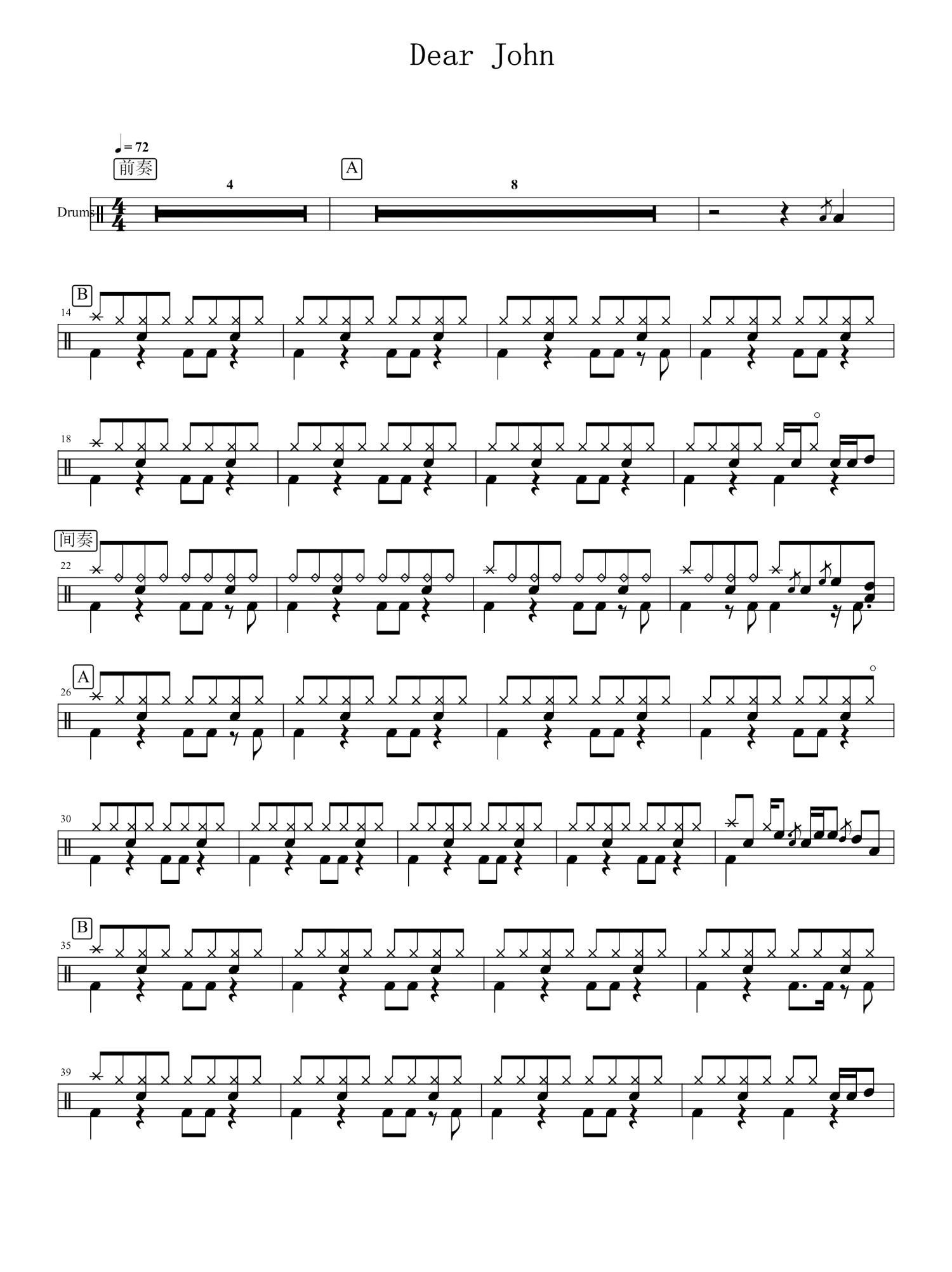 比莉dearjohn鼓谱架子鼓谱