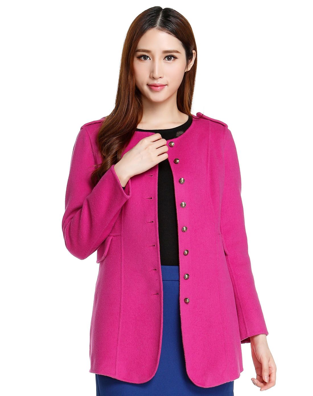 蕾朵liedow桃红色甜美修身长袖羊毛外套