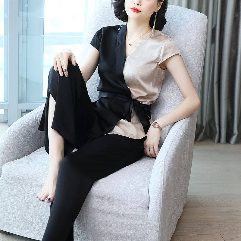 铜氨丝套装女2020夏季新款休闲时尚波点提花洋气减龄阔腿裤两件套