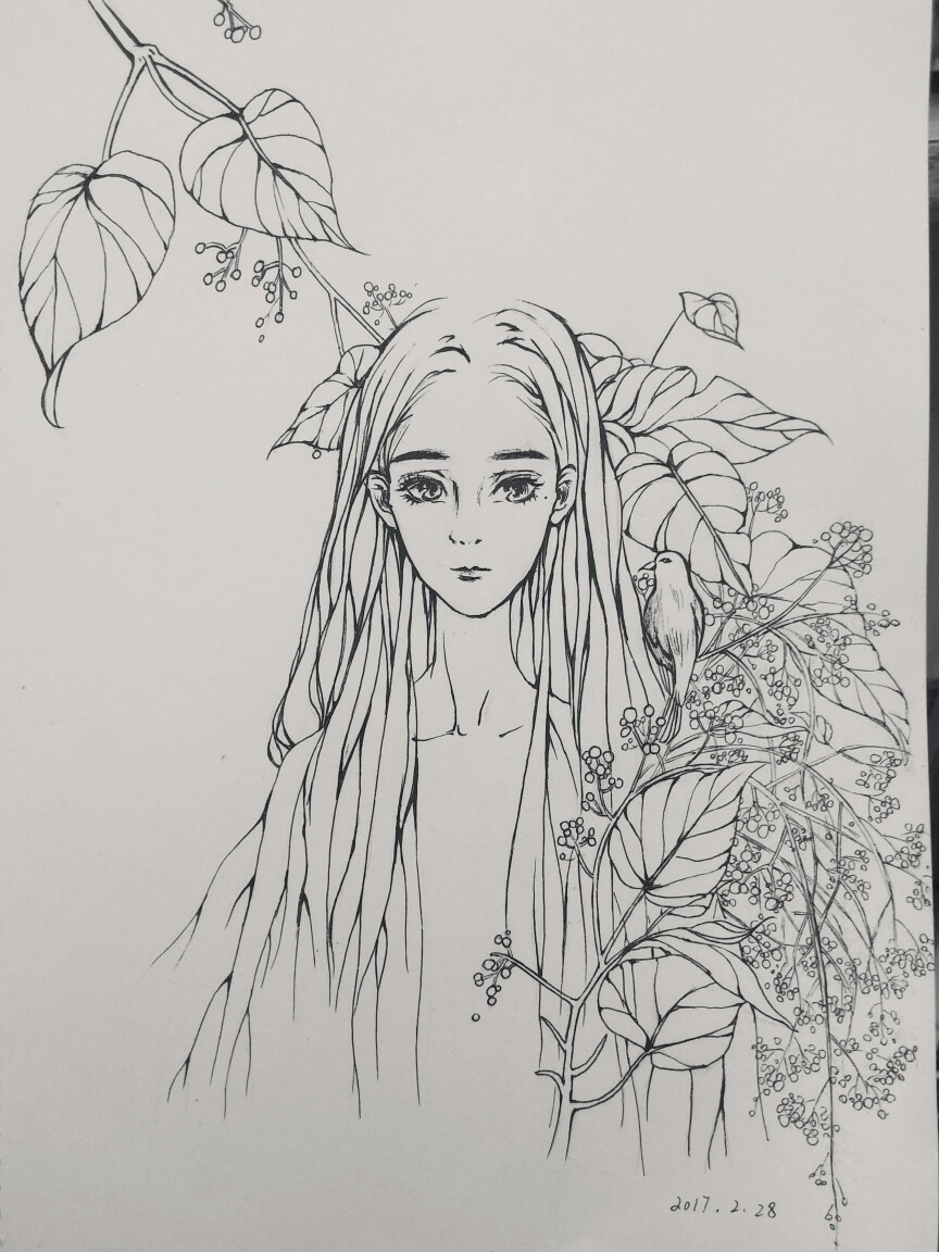 地理课的临摹,森系少女,手绘,黑白,from软糖妹妹