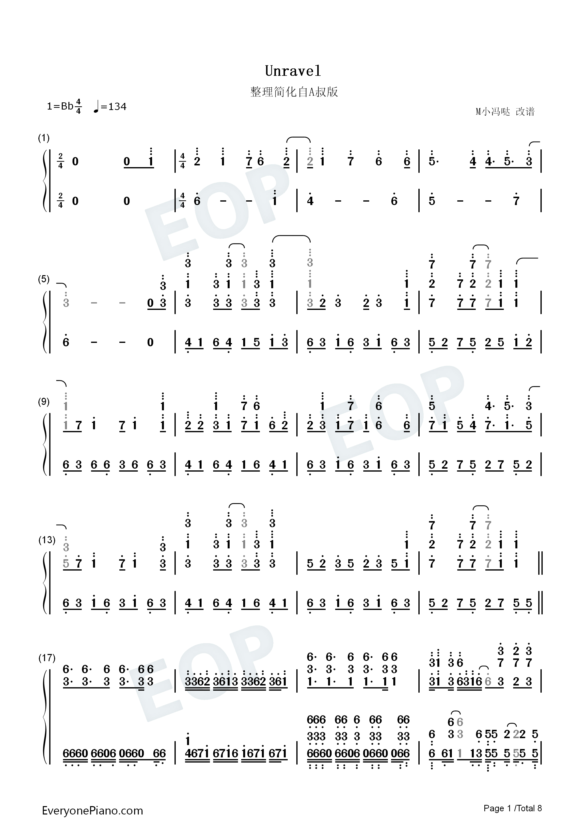 unravel-简化自a叔版-钢琴谱文件(五线谱,双手简谱,数字谱,midi,pdf)