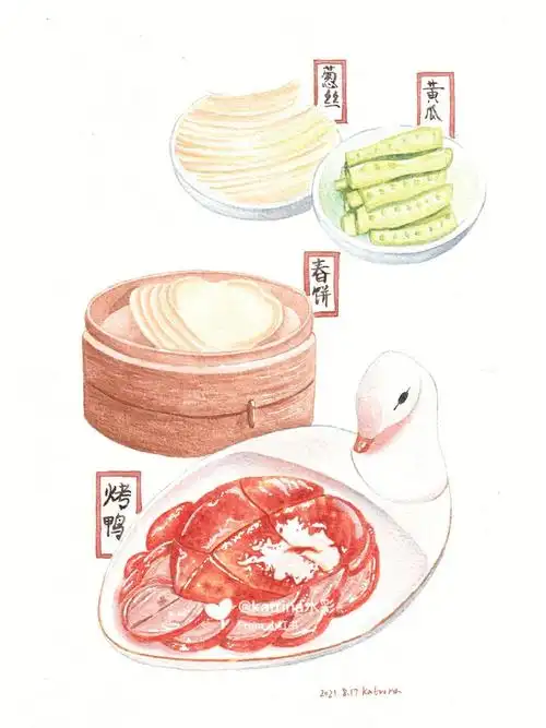 水彩美食北京烤鸭手绘中餐插画