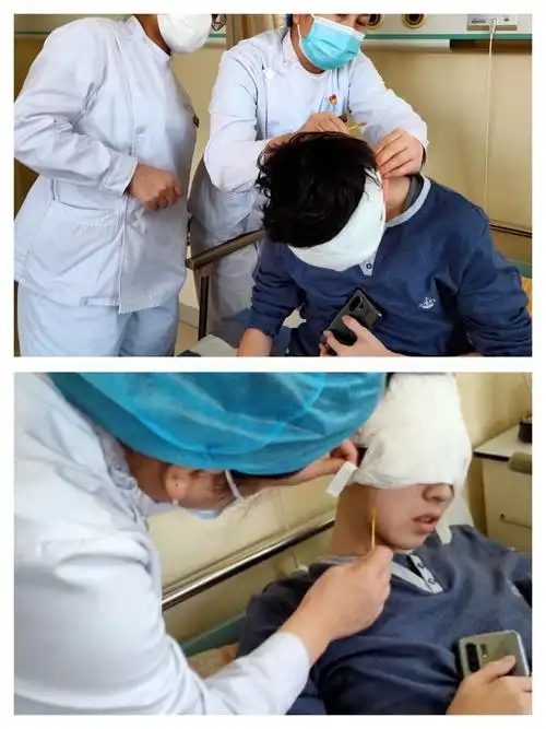 一位术后双眼加压包扎的患者,局部皮肤对胶布过敏,护士长亲自为患者