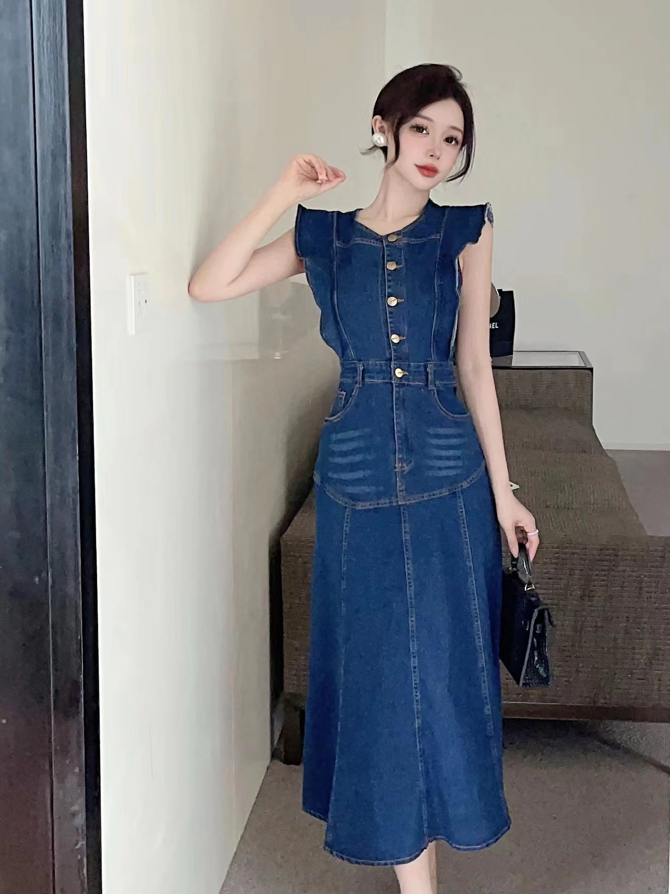 实拍实价 无袖圆领收腰显瘦牛仔长款连衣裙 - 17网