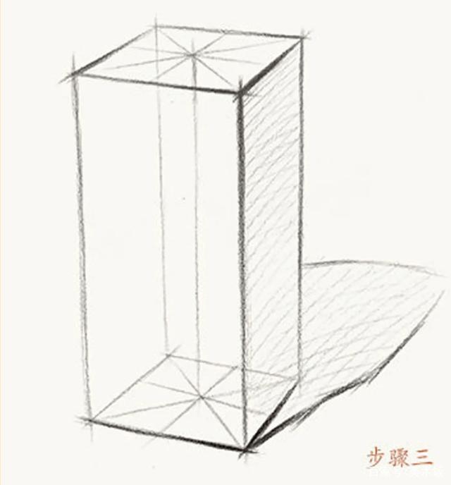 步骤一:首先在画面中定出长方体的高宽比例,确定顶面的位置,长直线画