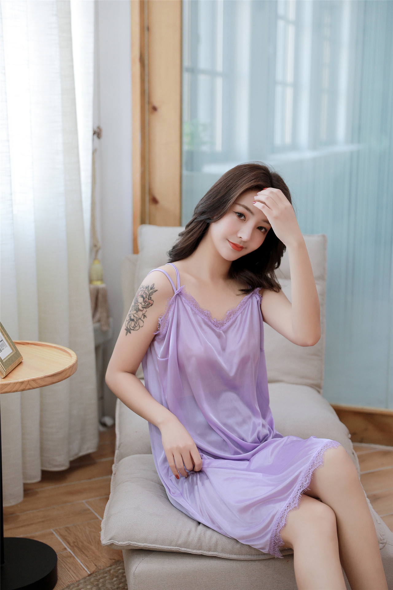 睡衣女夏季性感吊带裙 女士短袖冰丝丝绸后背交叉单件吊带睡裙