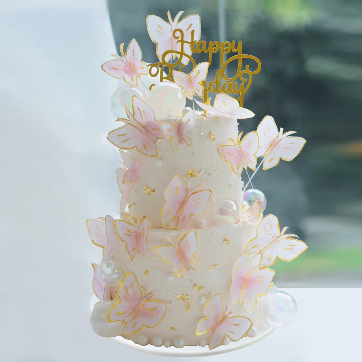 生日蛋糕模型仿真2021新款双层烫金蝴蝶创意定制仿真水果