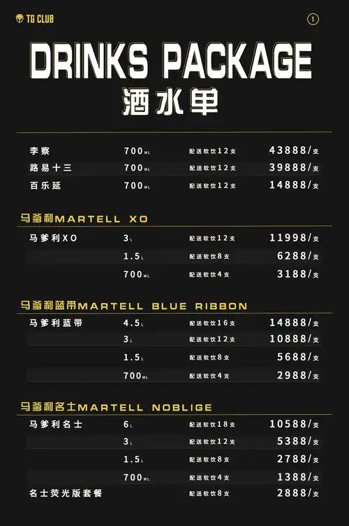 广州番禺天宫酒吧酒水单