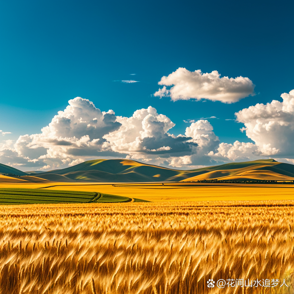 金色的麦浪,在蓝天白云下轻轻摇曳,丰收的喜悦,尽在这片希望的田野.