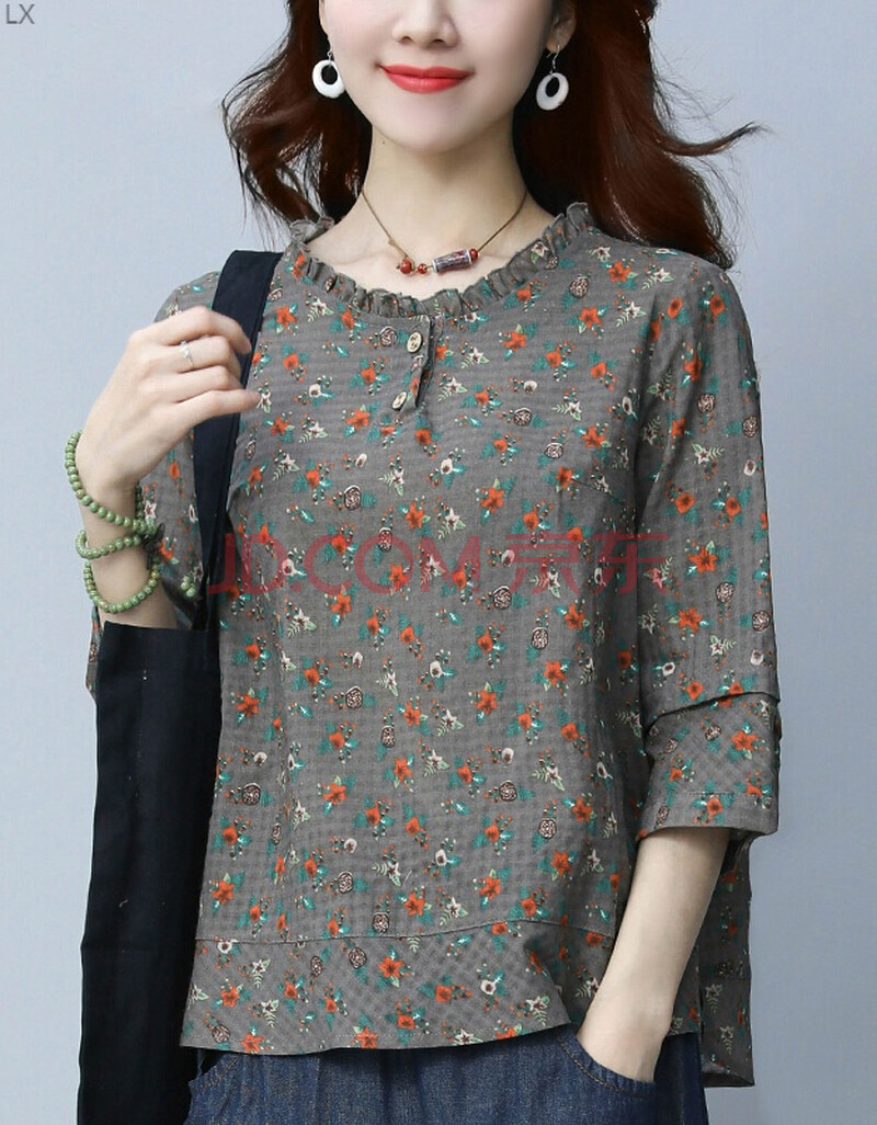 夏天半截袖棉麻t恤女中袖绵麻体恤复古风碎花 夏文艺女装七分袖上衣