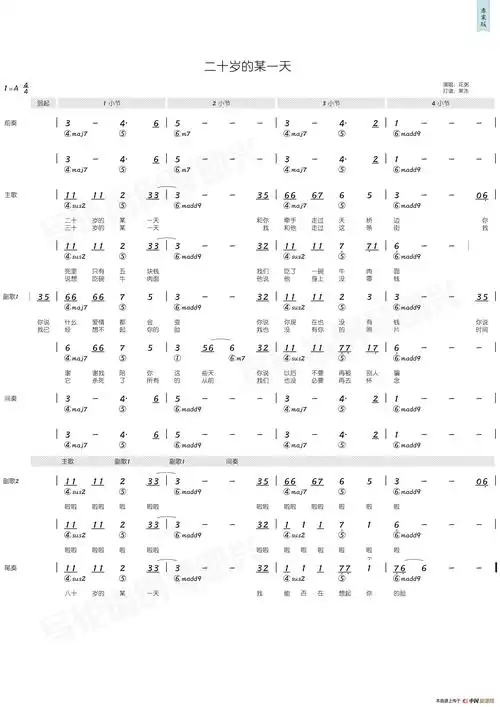 二十岁的某一天(简和谱)_简谱