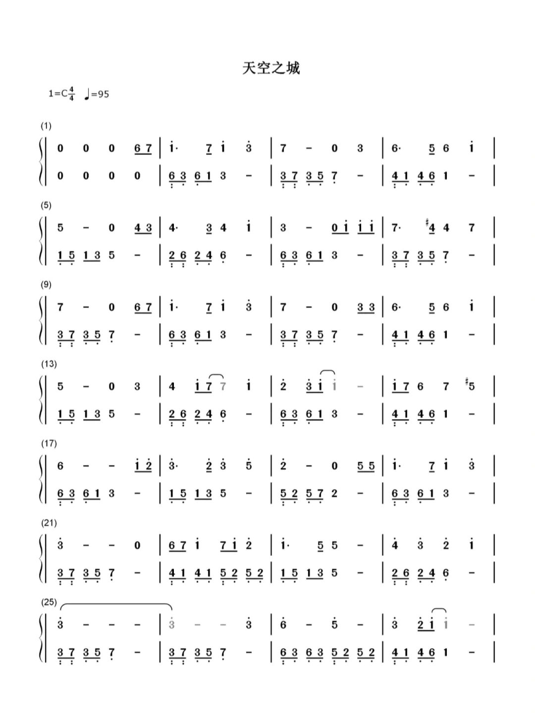 天空之城|初学者好听极简版双手简谱宫崎骏 虽然《天空之城》的谱子网