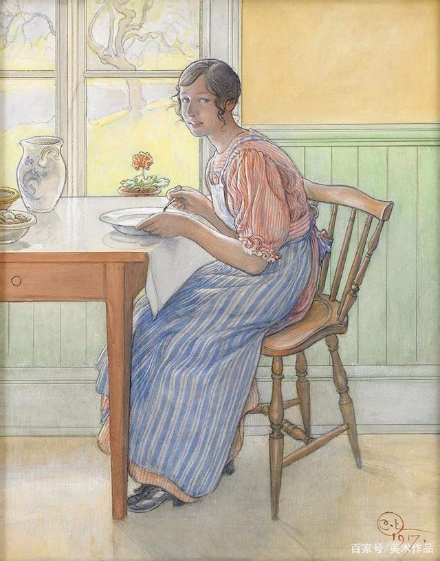 场景水彩人物 瑞典画家-卡尔·拉尔森:栗树,女孩,写信,葡萄树