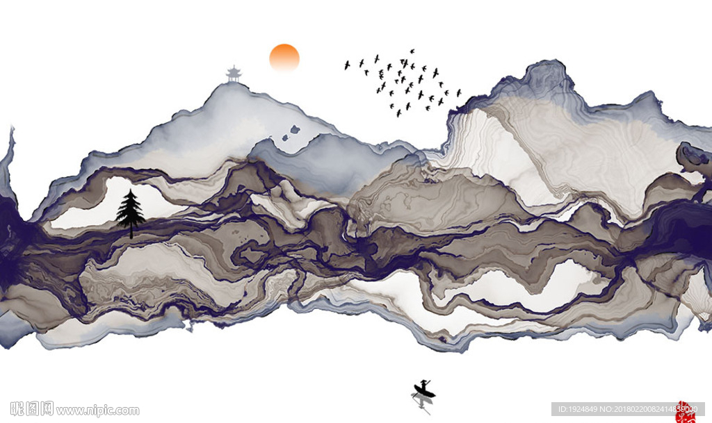 新中式抽象水墨山水大型壁画图片