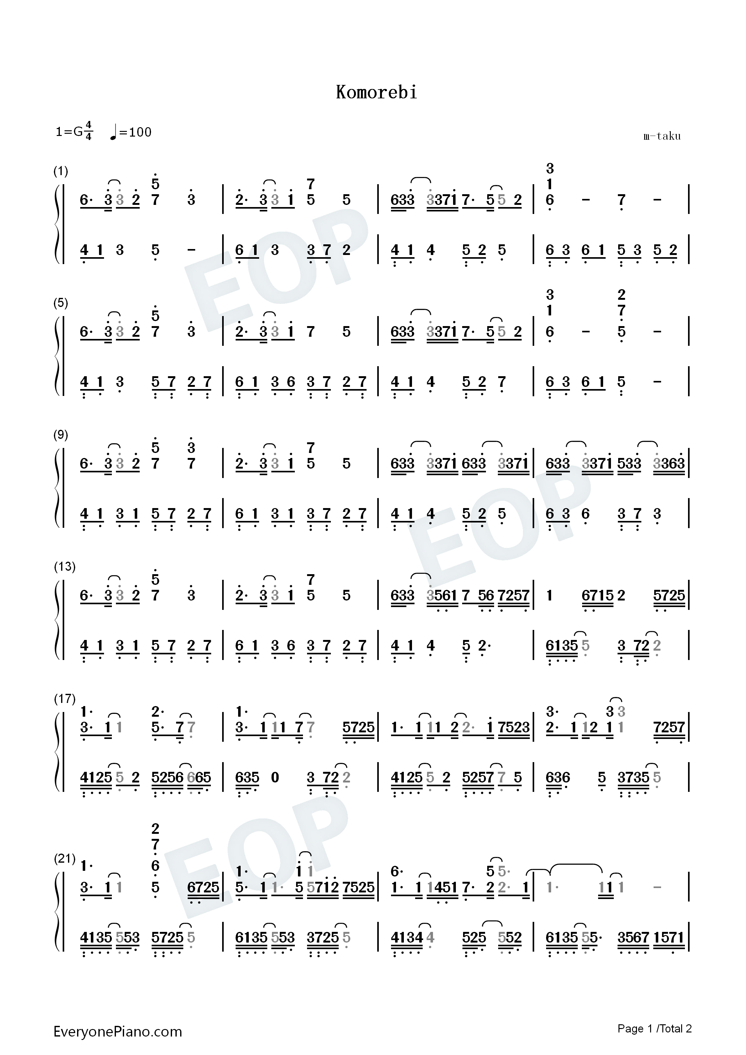 komorebi-叶隙间洒落的阳光-抖音神曲双手简谱预览1