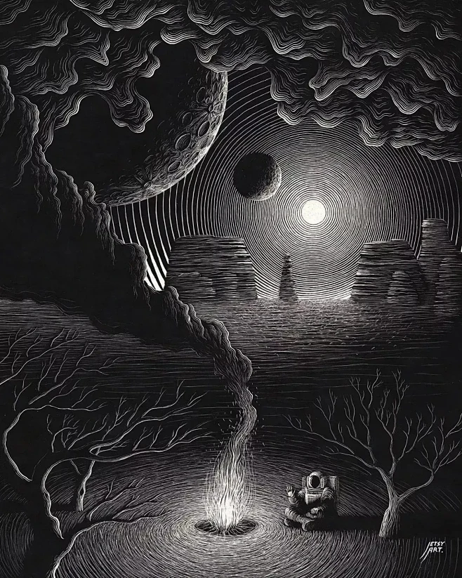 澳大利亚插画师justinestcourt富有设计感的黑白画风作品在黑暗中描绘