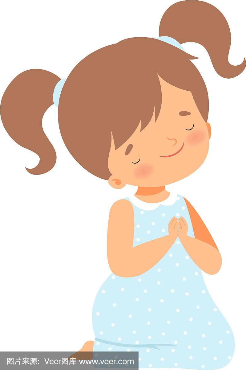 可爱的小女孩跪着祈祷卡通