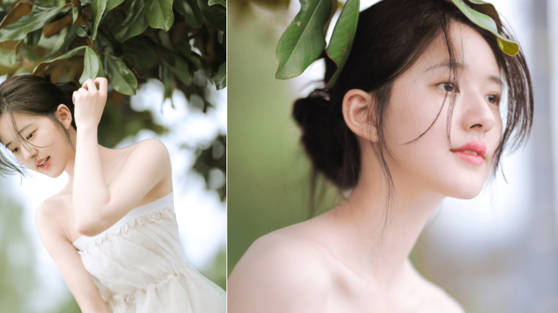 赵露思森系写真大片 穿白色抹胸连衣裙秀锁骨直角肩