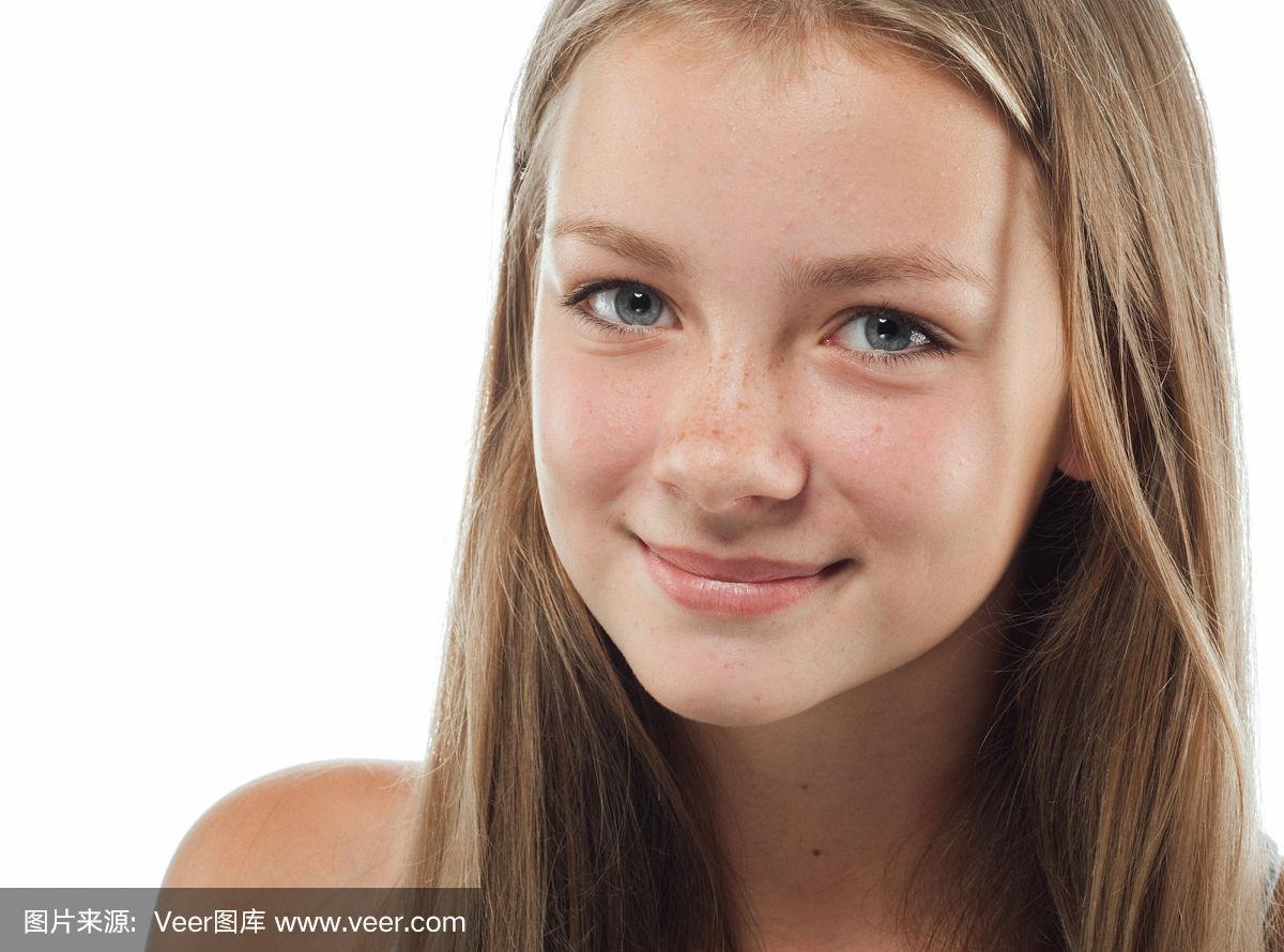 雀斑,可爱的,少女,白色,自然美