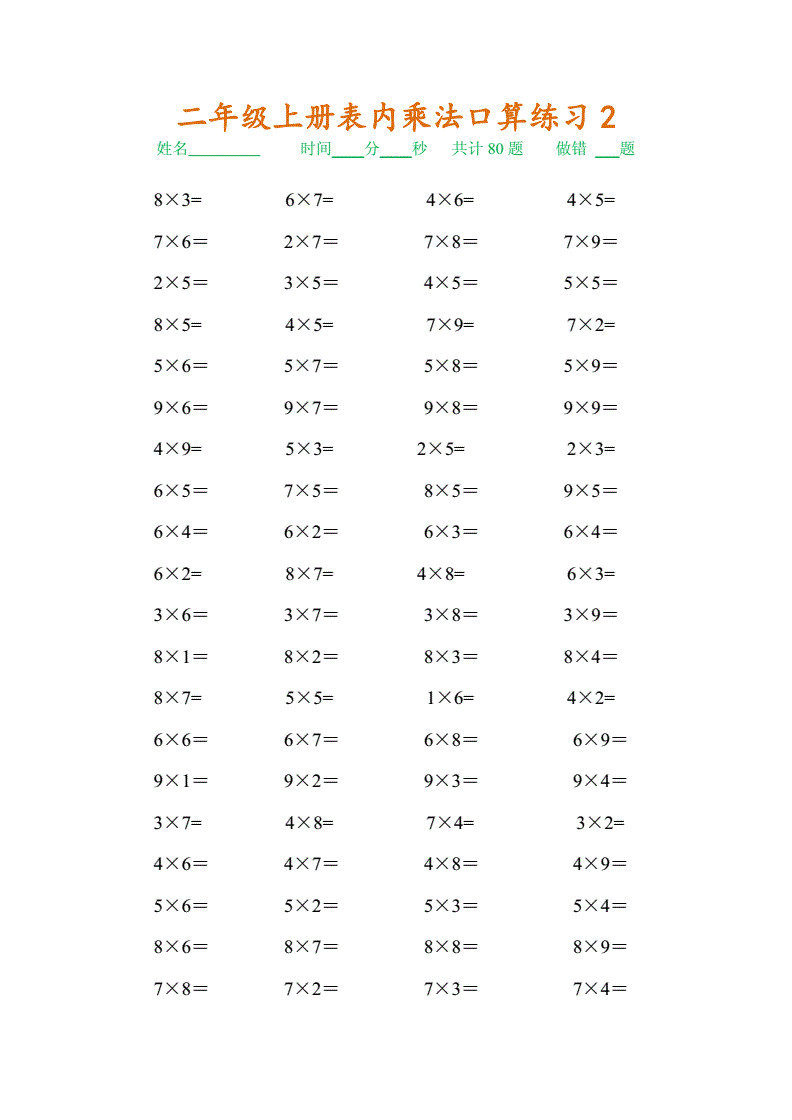 二年级上册表内乘法口算练习题(10套).doc 10页