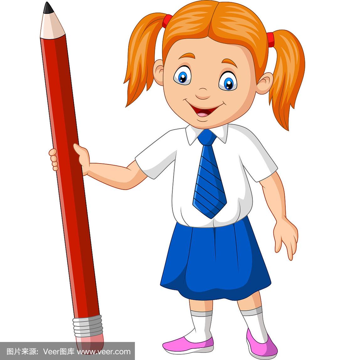 卡通学校的女孩拿着铅笔