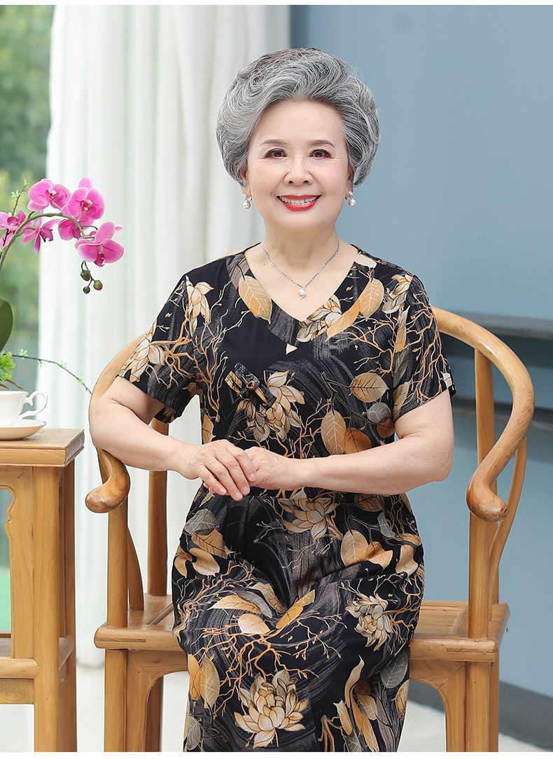 新款中老年人奶奶夏装纯绵绸连衣裙女裙子中长款妈妈短袖60岁长裙宽松