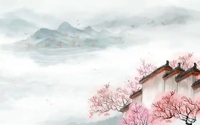 庭院汉服女子眺望远方写实手绘插画海报古代场景桌面壁纸古风背景清明