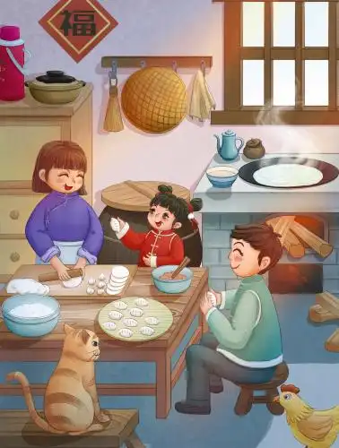 过年包饺子温馨插画